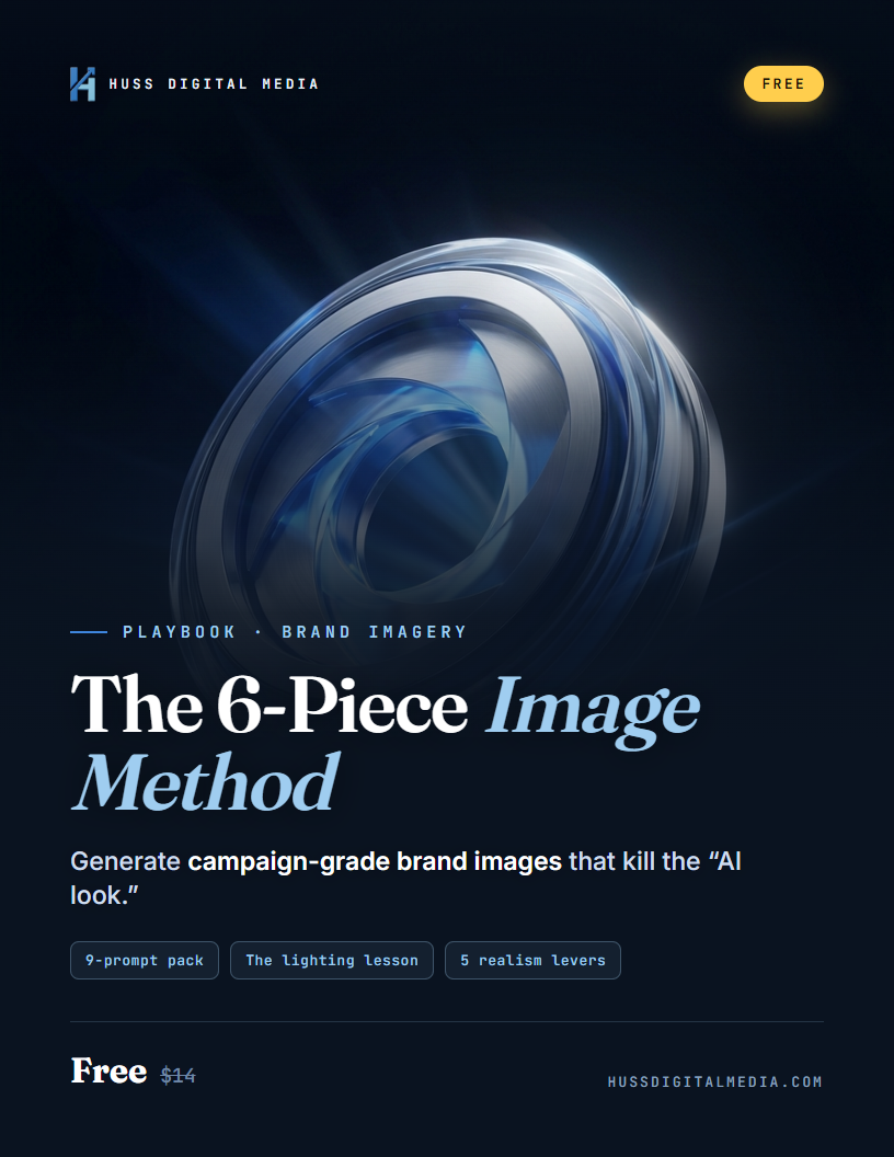 The 6-Piece Brand Image Method — How I generate campaign-grade brand images with AI — the lighting and prompt system that kills the 'AI look'. Includes a 9-prompt pack.